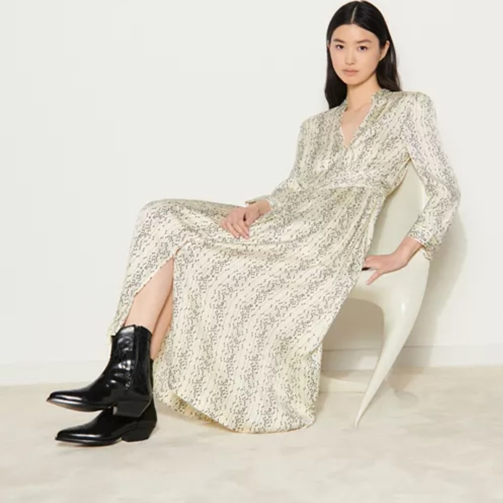 Sandro Cream and Black Long Sleeve Dress